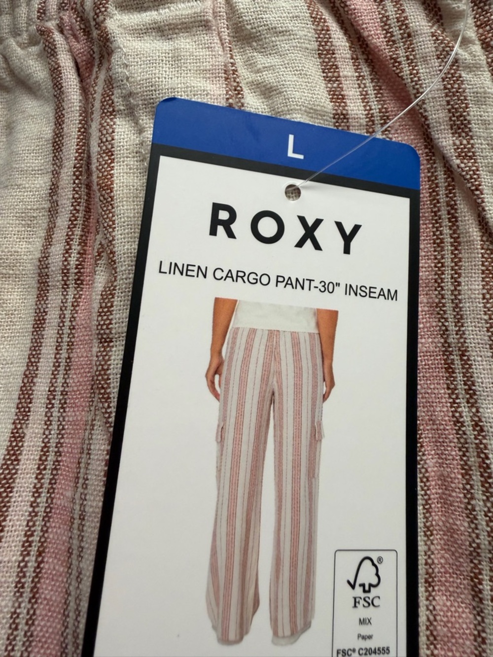 Roxy Pink and White Striped Linen Cargo Pants L, XL NWT - Picture 2 of 3